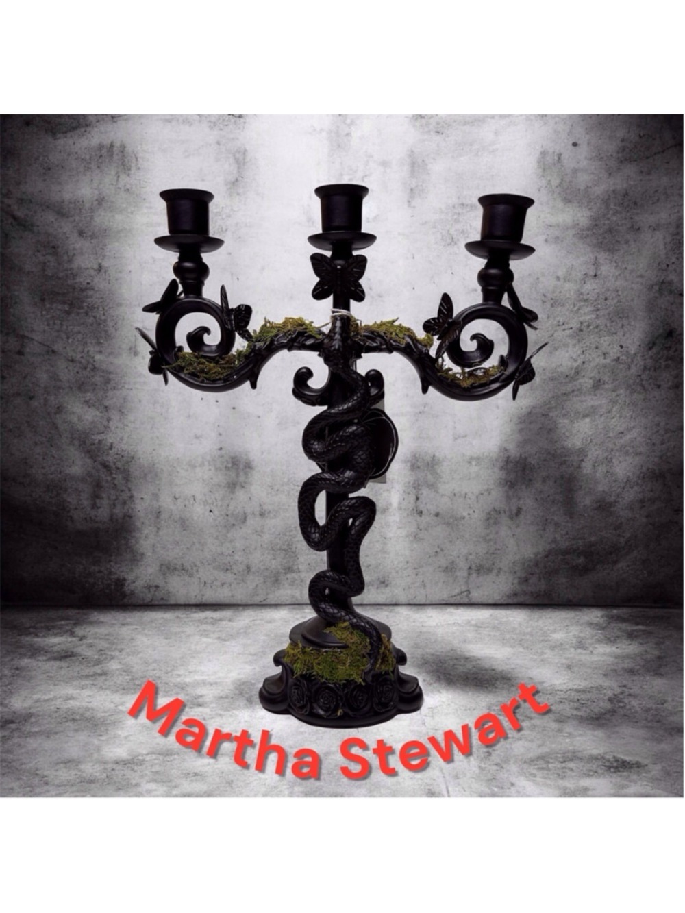 Martha Stewart Black Roses Snake Butterflies Taper Candle Holder Large 16